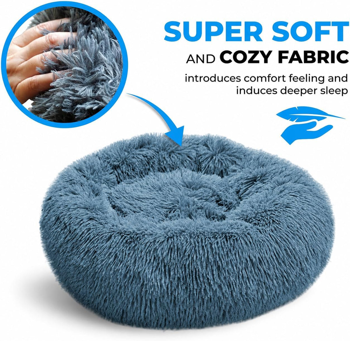 Washable Faux Fur Round Donut Pet Sleeping Bed Plush Navy Grey Fabric