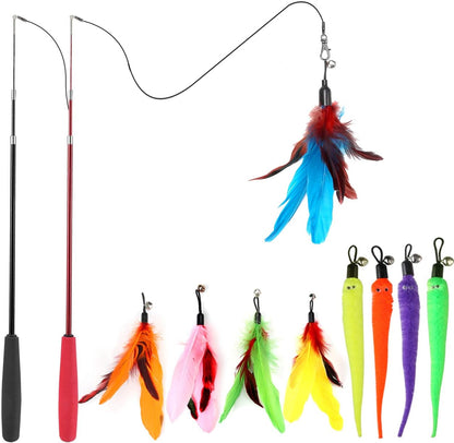 11 Piece Interactive Cat Feather Wand Toy Set for Indoor Play Exercise