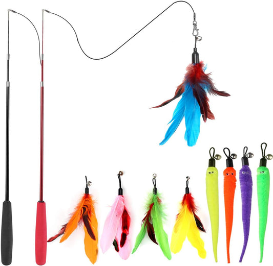 11 Piece Interactive Cat Feather Wand Toy Set for Indoor Play Exercise