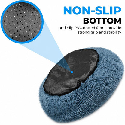 Washable Faux Fur Round Donut Pet Sleeping Bed Plush Navy Grey Fabric