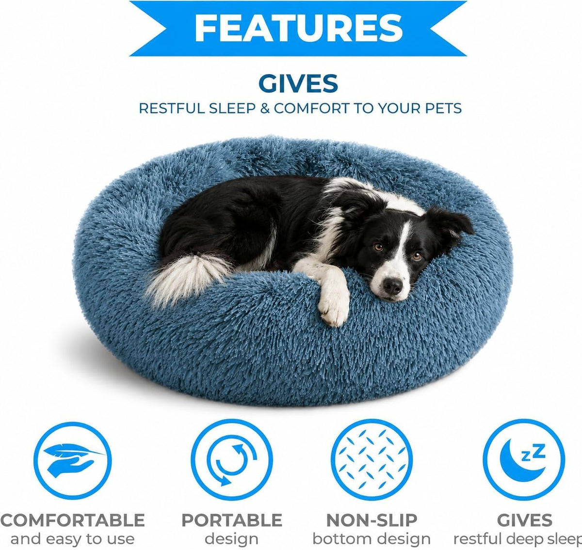 Washable Faux Fur Round Donut Pet Sleeping Bed Plush Navy Grey Fabric