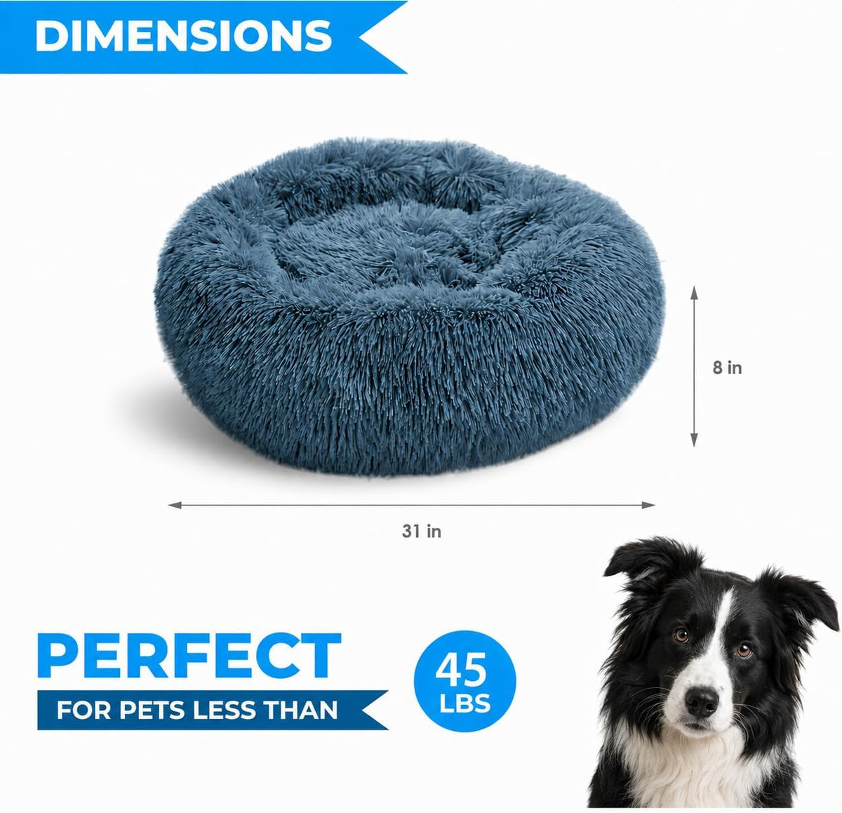 Washable Faux Fur Round Donut Pet Sleeping Bed Plush Navy Grey Fabric